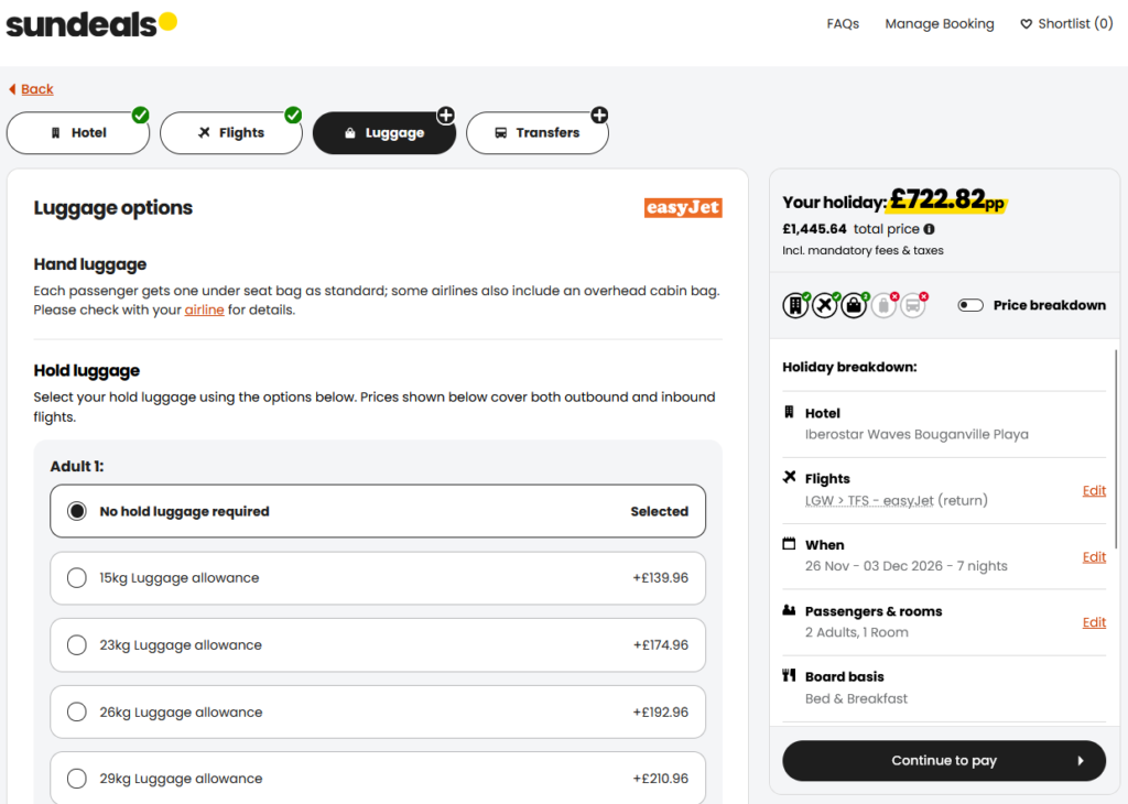 Sundeals hold luggage options for easyJet, from £139.96 for 15kg to £210.96 for 29kg per person, return