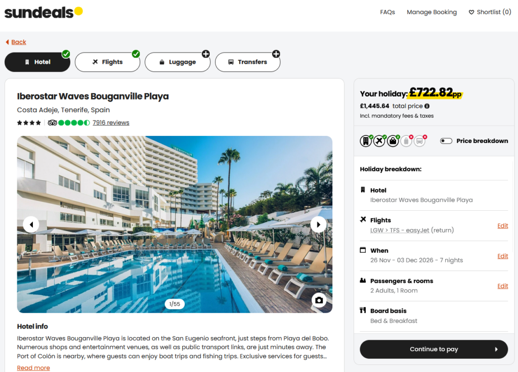 Sundeals booking page for Iberostar Waves Bouganville Playa in Tenerife, showing £722.82 per person for 7 nights with easyJet flights from Gatwick
