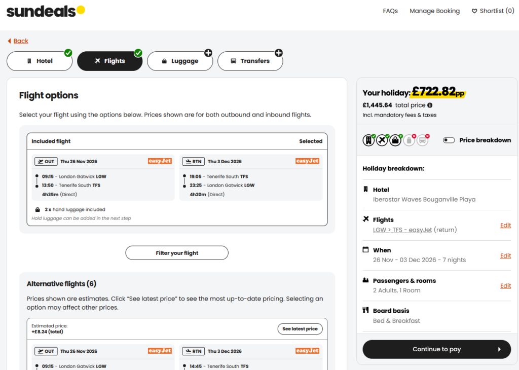 Sundeals flight options for Tenerife: direct easyJet flights from London Gatwick on 26 November and back on 3 December 2026, with hand luggage included and six alternative flights available